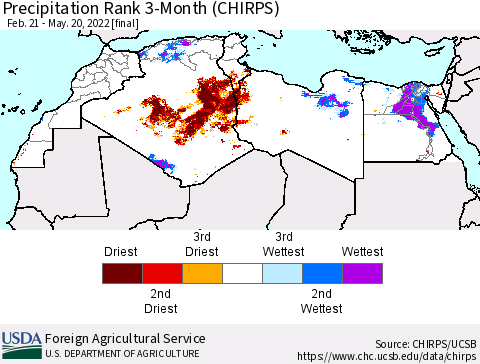 North Africa Precipitation Rank since 1981, 3-Month (CHIRPS) Thematic Map For 2/21/2022 - 5/20/2022