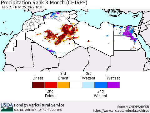 North Africa Precipitation Rank since 1981, 3-Month (CHIRPS) Thematic Map For 2/26/2022 - 5/25/2022