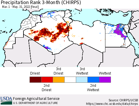 North Africa Precipitation Rank since 1981, 3-Month (CHIRPS) Thematic Map For 3/1/2022 - 5/31/2022