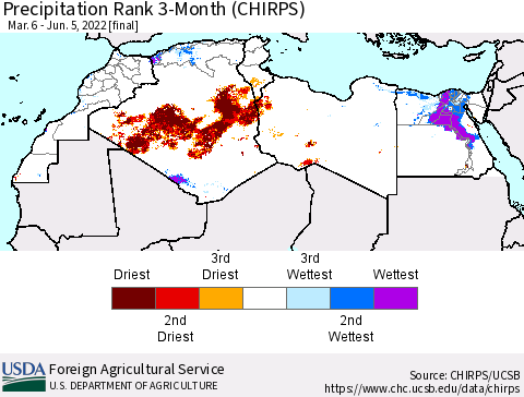 North Africa Precipitation Rank since 1981, 3-Month (CHIRPS) Thematic Map For 3/6/2022 - 6/5/2022