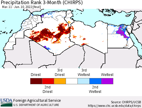 North Africa Precipitation Rank since 1981, 3-Month (CHIRPS) Thematic Map For 3/11/2022 - 6/10/2022