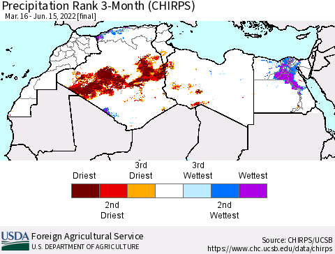 North Africa Precipitation Rank since 1981, 3-Month (CHIRPS) Thematic Map For 3/16/2022 - 6/15/2022