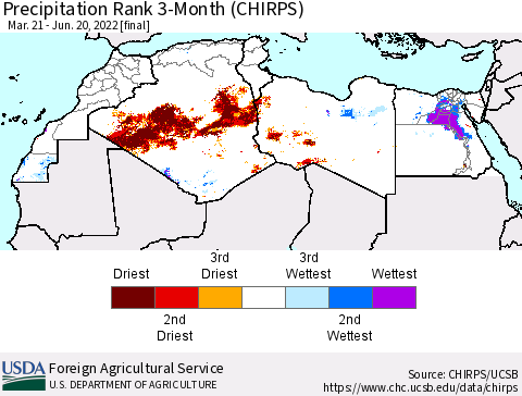 North Africa Precipitation Rank since 1981, 3-Month (CHIRPS) Thematic Map For 3/21/2022 - 6/20/2022