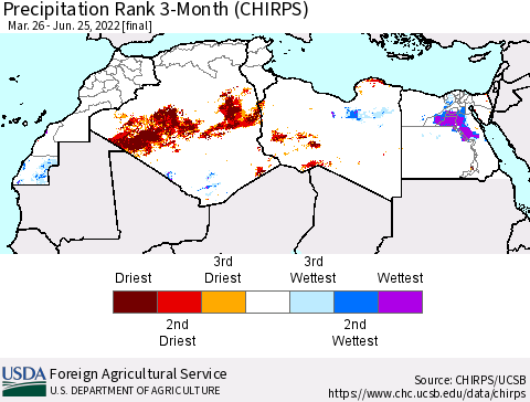 North Africa Precipitation Rank since 1981, 3-Month (CHIRPS) Thematic Map For 3/26/2022 - 6/25/2022