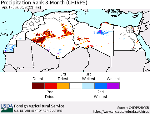 North Africa Precipitation Rank since 1981, 3-Month (CHIRPS) Thematic Map For 4/1/2022 - 6/30/2022