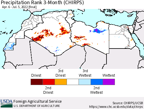 North Africa Precipitation Rank since 1981, 3-Month (CHIRPS) Thematic Map For 4/6/2022 - 7/5/2022