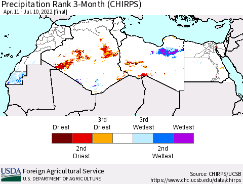 North Africa Precipitation Rank since 1981, 3-Month (CHIRPS) Thematic Map For 4/11/2022 - 7/10/2022