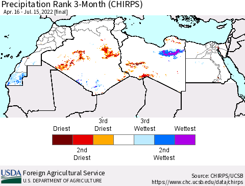 North Africa Precipitation Rank since 1981, 3-Month (CHIRPS) Thematic Map For 4/16/2022 - 7/15/2022