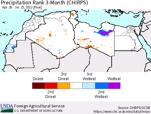 North Africa Precipitation Rank since 1981, 3-Month (CHIRPS) Thematic Map For 4/26/2022 - 7/25/2022