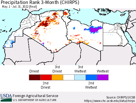 North Africa Precipitation Rank since 1981, 3-Month (CHIRPS) Thematic Map For 5/1/2022 - 7/31/2022