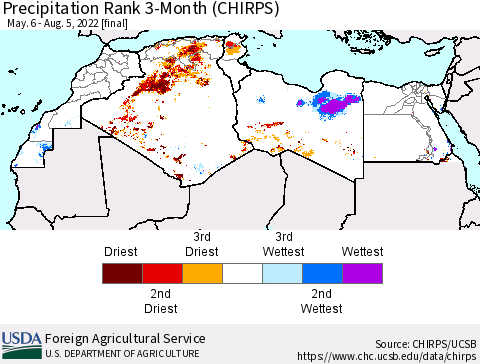 North Africa Precipitation Rank since 1981, 3-Month (CHIRPS) Thematic Map For 5/6/2022 - 8/5/2022