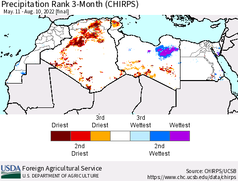 North Africa Precipitation Rank since 1981, 3-Month (CHIRPS) Thematic Map For 5/11/2022 - 8/10/2022