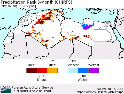 North Africa Precipitation Rank since 1981, 3-Month (CHIRPS) Thematic Map For 5/16/2022 - 8/15/2022