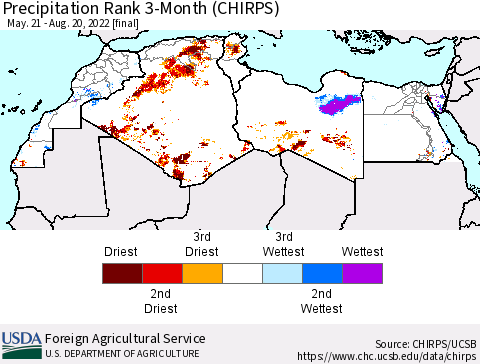 North Africa Precipitation Rank since 1981, 3-Month (CHIRPS) Thematic Map For 5/21/2022 - 8/20/2022