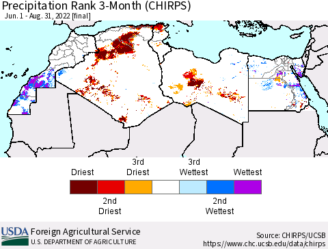 North Africa Precipitation Rank since 1981, 3-Month (CHIRPS) Thematic Map For 6/1/2022 - 8/31/2022