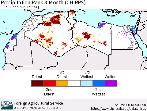 North Africa Precipitation Rank since 1981, 3-Month (CHIRPS) Thematic Map For 6/6/2022 - 9/5/2022