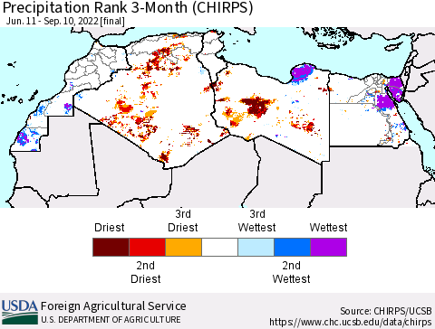 North Africa Precipitation Rank since 1981, 3-Month (CHIRPS) Thematic Map For 6/11/2022 - 9/10/2022