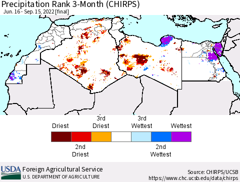 North Africa Precipitation Rank since 1981, 3-Month (CHIRPS) Thematic Map For 6/16/2022 - 9/15/2022