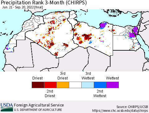 North Africa Precipitation Rank since 1981, 3-Month (CHIRPS) Thematic Map For 6/21/2022 - 9/20/2022