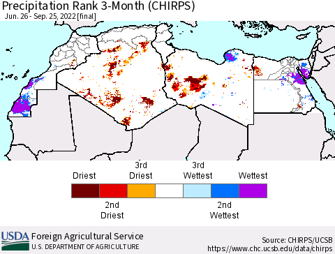 North Africa Precipitation Rank since 1981, 3-Month (CHIRPS) Thematic Map For 6/26/2022 - 9/25/2022