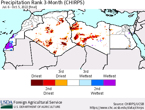 North Africa Precipitation Rank since 1981, 3-Month (CHIRPS) Thematic Map For 7/6/2022 - 10/5/2022