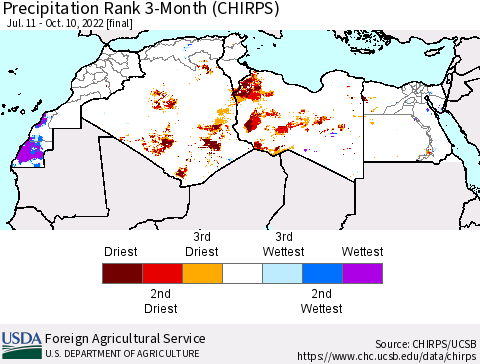 North Africa Precipitation Rank since 1981, 3-Month (CHIRPS) Thematic Map For 7/11/2022 - 10/10/2022