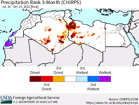 North Africa Precipitation Rank since 1981, 3-Month (CHIRPS) Thematic Map For 7/16/2022 - 10/15/2022