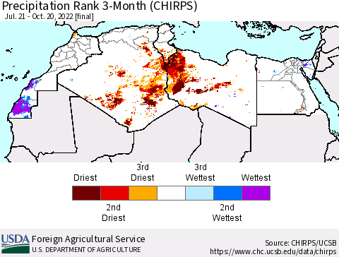 North Africa Precipitation Rank since 1981, 3-Month (CHIRPS) Thematic Map For 7/21/2022 - 10/20/2022