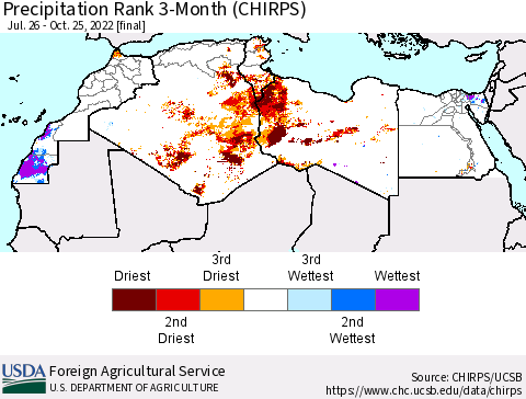 North Africa Precipitation Rank since 1981, 3-Month (CHIRPS) Thematic Map For 7/26/2022 - 10/25/2022