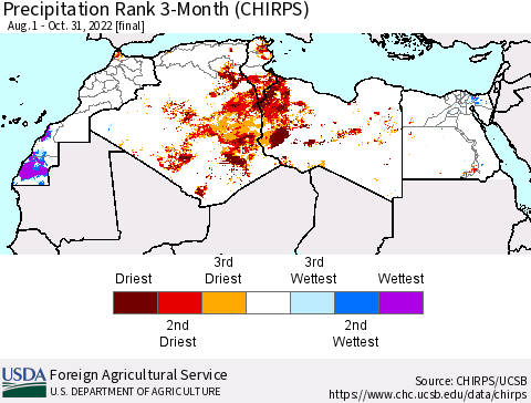 North Africa Precipitation Rank since 1981, 3-Month (CHIRPS) Thematic Map For 8/1/2022 - 10/31/2022