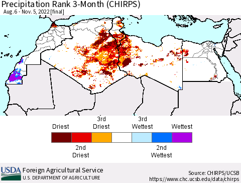 North Africa Precipitation Rank since 1981, 3-Month (CHIRPS) Thematic Map For 8/6/2022 - 11/5/2022