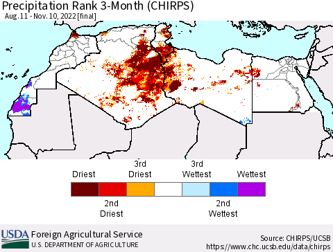 North Africa Precipitation Rank since 1981, 3-Month (CHIRPS) Thematic Map For 8/11/2022 - 11/10/2022