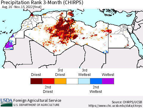 North Africa Precipitation Rank since 1981, 3-Month (CHIRPS) Thematic Map For 8/16/2022 - 11/15/2022