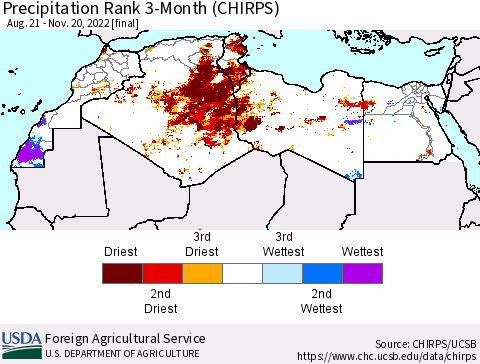 North Africa Precipitation Rank since 1981, 3-Month (CHIRPS) Thematic Map For 8/21/2022 - 11/20/2022