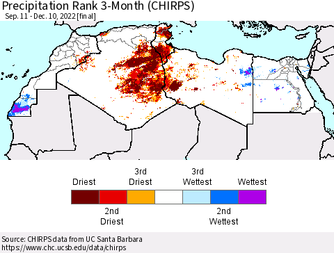 North Africa Precipitation Rank since 1981, 3-Month (CHIRPS) Thematic Map For 9/11/2022 - 12/10/2022
