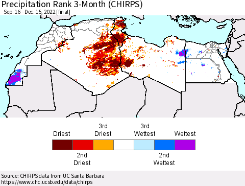 North Africa Precipitation Rank since 1981, 3-Month (CHIRPS) Thematic Map For 9/16/2022 - 12/15/2022