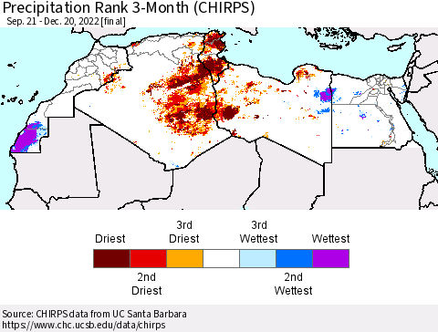 North Africa Precipitation Rank since 1981, 3-Month (CHIRPS) Thematic Map For 9/21/2022 - 12/20/2022