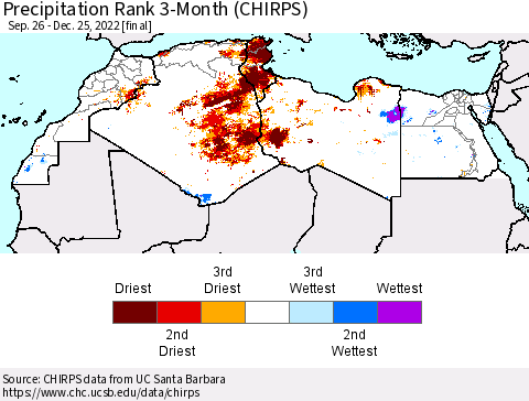 North Africa Precipitation Rank since 1981, 3-Month (CHIRPS) Thematic Map For 9/26/2022 - 12/25/2022