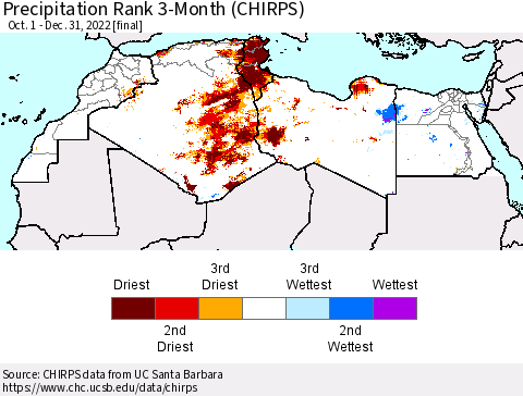 North Africa Precipitation Rank since 1981, 3-Month (CHIRPS) Thematic Map For 10/1/2022 - 12/31/2022