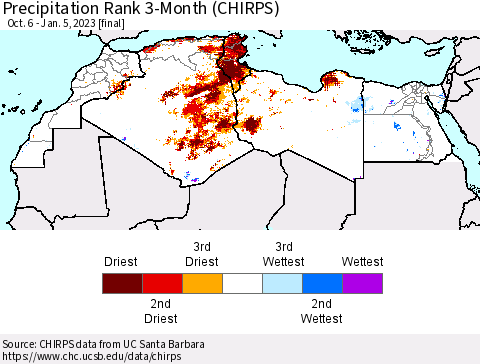 North Africa Precipitation Rank since 1981, 3-Month (CHIRPS) Thematic Map For 10/6/2022 - 1/5/2023