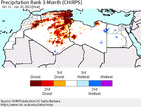 North Africa Precipitation Rank since 1981, 3-Month (CHIRPS) Thematic Map For 10/11/2022 - 1/10/2023