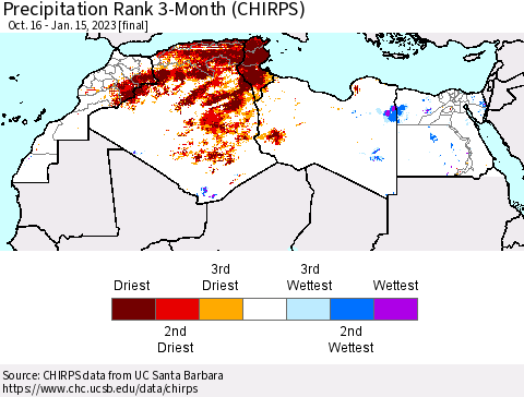 North Africa Precipitation Rank since 1981, 3-Month (CHIRPS) Thematic Map For 10/16/2022 - 1/15/2023