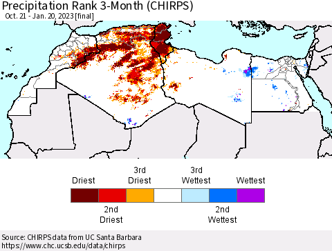 North Africa Precipitation Rank since 1981, 3-Month (CHIRPS) Thematic Map For 10/21/2022 - 1/20/2023
