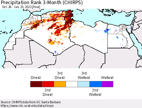 North Africa Precipitation Rank since 1981, 3-Month (CHIRPS) Thematic Map For 10/26/2022 - 1/25/2023
