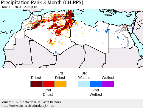 North Africa Precipitation Rank since 1981, 3-Month (CHIRPS) Thematic Map For 11/1/2022 - 1/31/2023