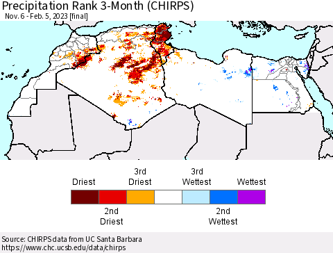 North Africa Precipitation Rank since 1981, 3-Month (CHIRPS) Thematic Map For 11/6/2022 - 2/5/2023