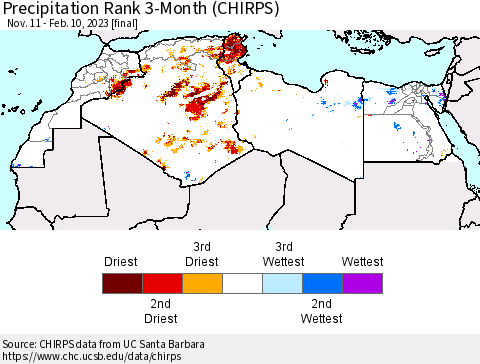 North Africa Precipitation Rank since 1981, 3-Month (CHIRPS) Thematic Map For 11/11/2022 - 2/10/2023