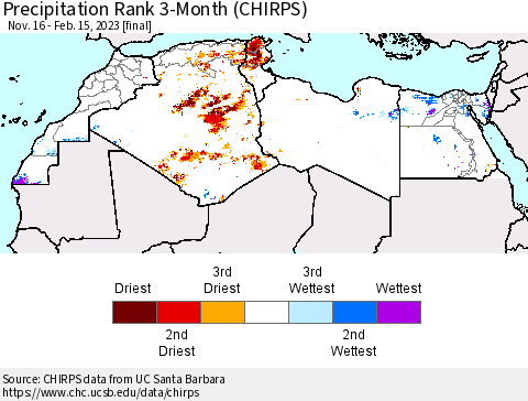 North Africa Precipitation Rank since 1981, 3-Month (CHIRPS) Thematic Map For 11/16/2022 - 2/15/2023
