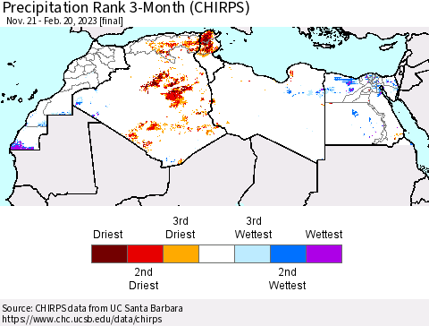 North Africa Precipitation Rank since 1981, 3-Month (CHIRPS) Thematic Map For 11/21/2022 - 2/20/2023