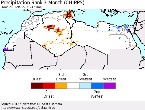 North Africa Precipitation Rank since 1981, 3-Month (CHIRPS) Thematic Map For 11/26/2022 - 2/25/2023